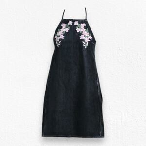TopShop Moto Black Pink Floral Embroidered Overall Mini Denim Dress Size 2